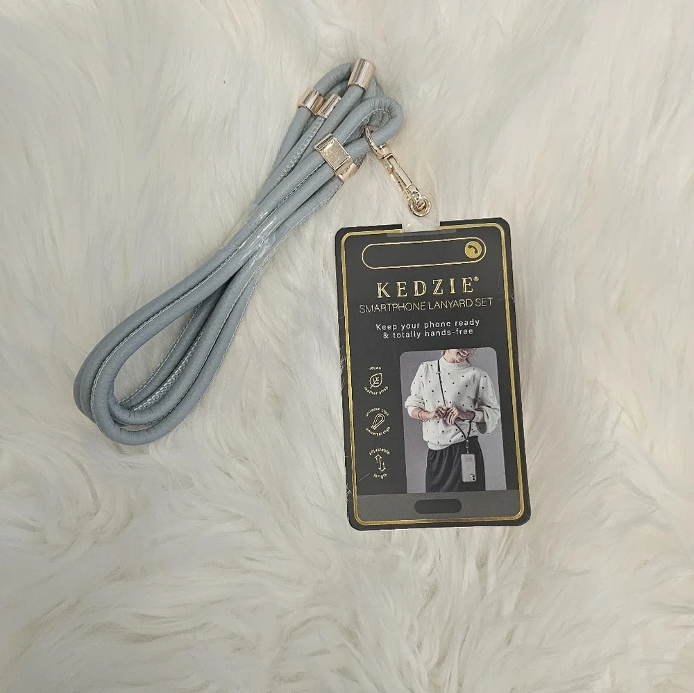 New Kedzie Smartphone Lanyard Set in Light Blue Gray. Vegan Leather